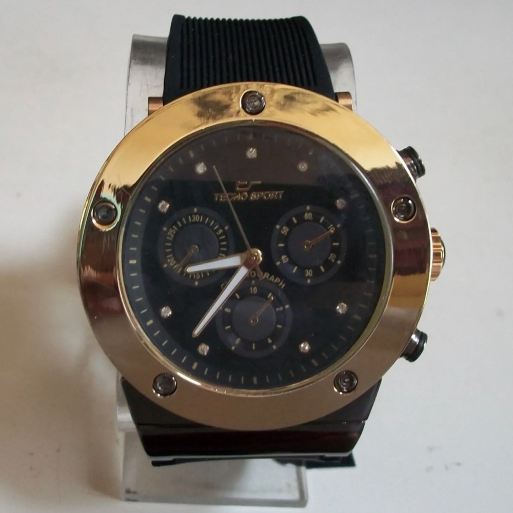 Men’s Gold Finish Tecno Sport Black Silicone Band Fashion Hip Hop Watch